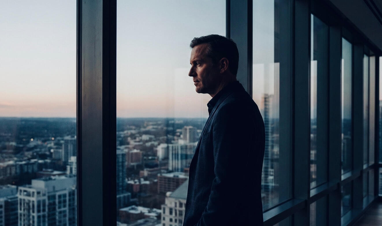 Man contemplating marketing strategy while gazing over a big city skyline